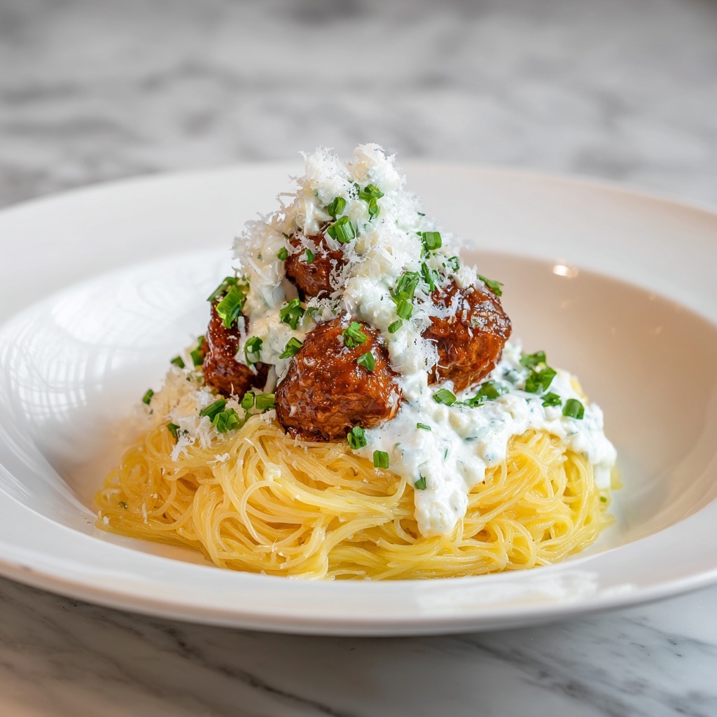 Easy Garlic Butter Meatballs Served Over Creamy Parmesan Linguine Recipe - Recipe Image